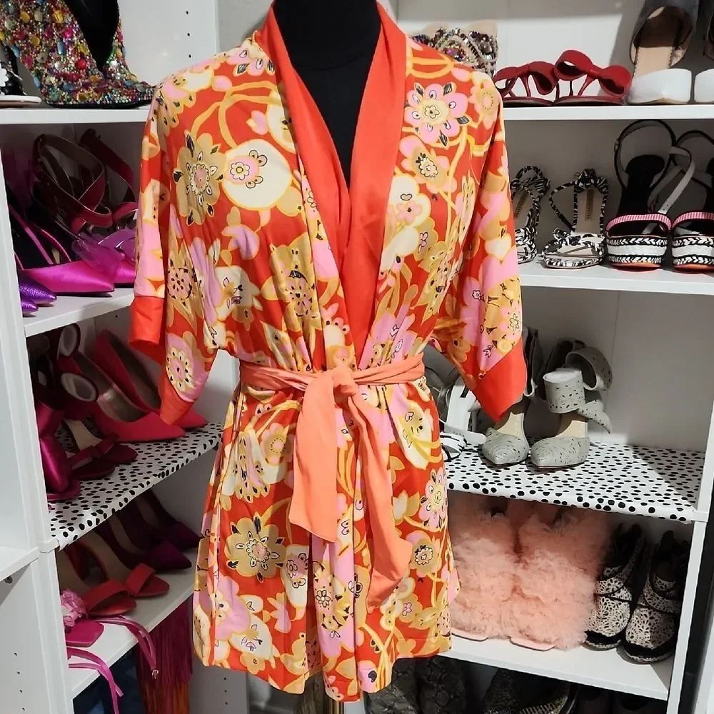 Vintage Orange and Pink Floral Robe with Tie Belt